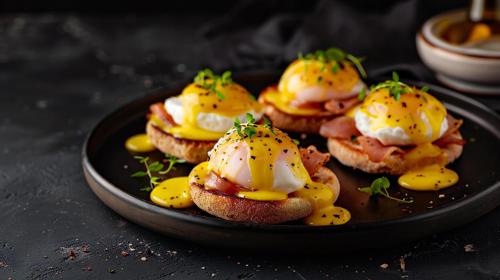 Classic eggs Benedict with poached eggs, Canadian bacon, and hollandaise sauce on an English muffin. photo