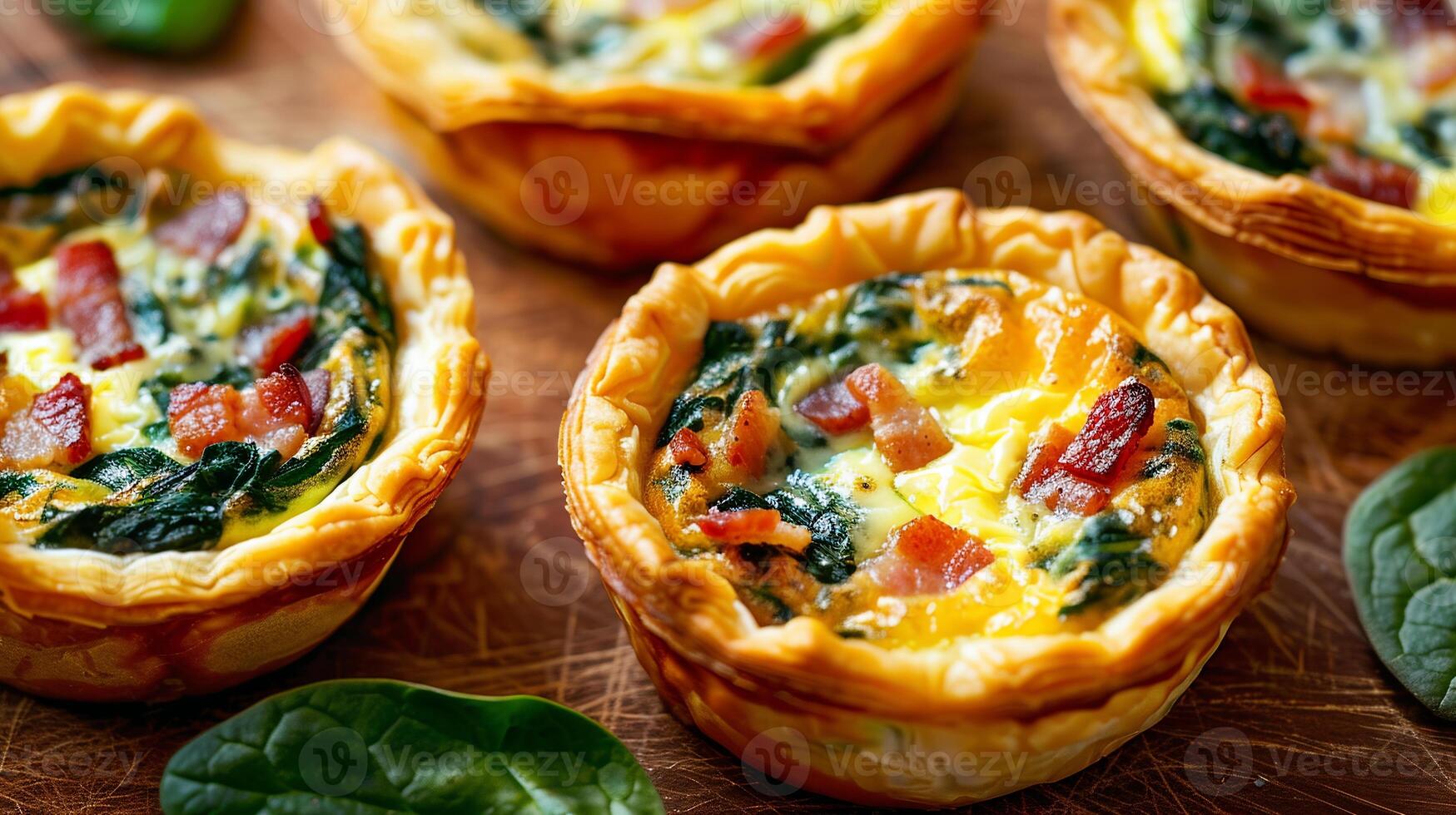 Mini quiches filled with spinach, bacon, and cheese, baked in a flaky pastry shell photo