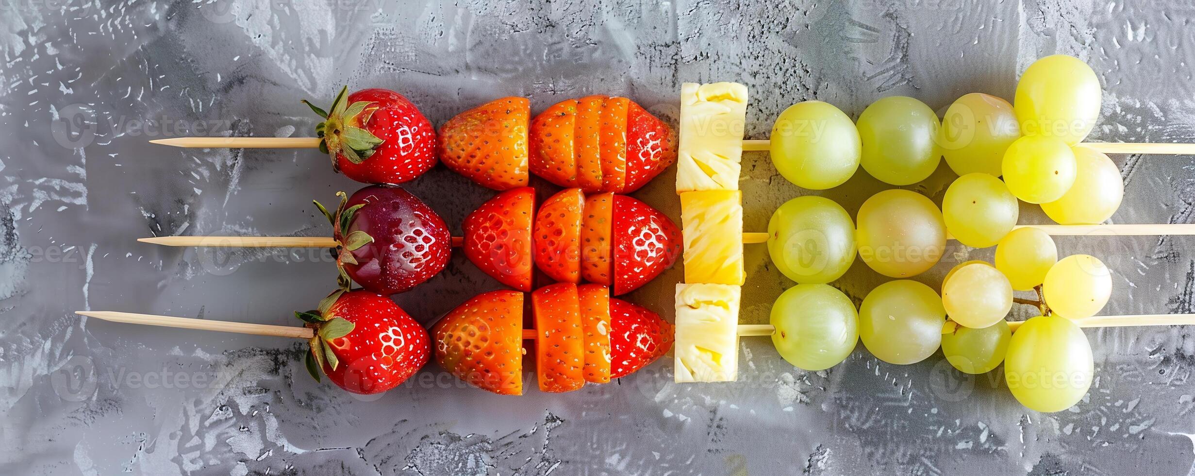 Colorful rainbow fruit skewers with strawberries, grapes, pineapple, and melon balls. photo