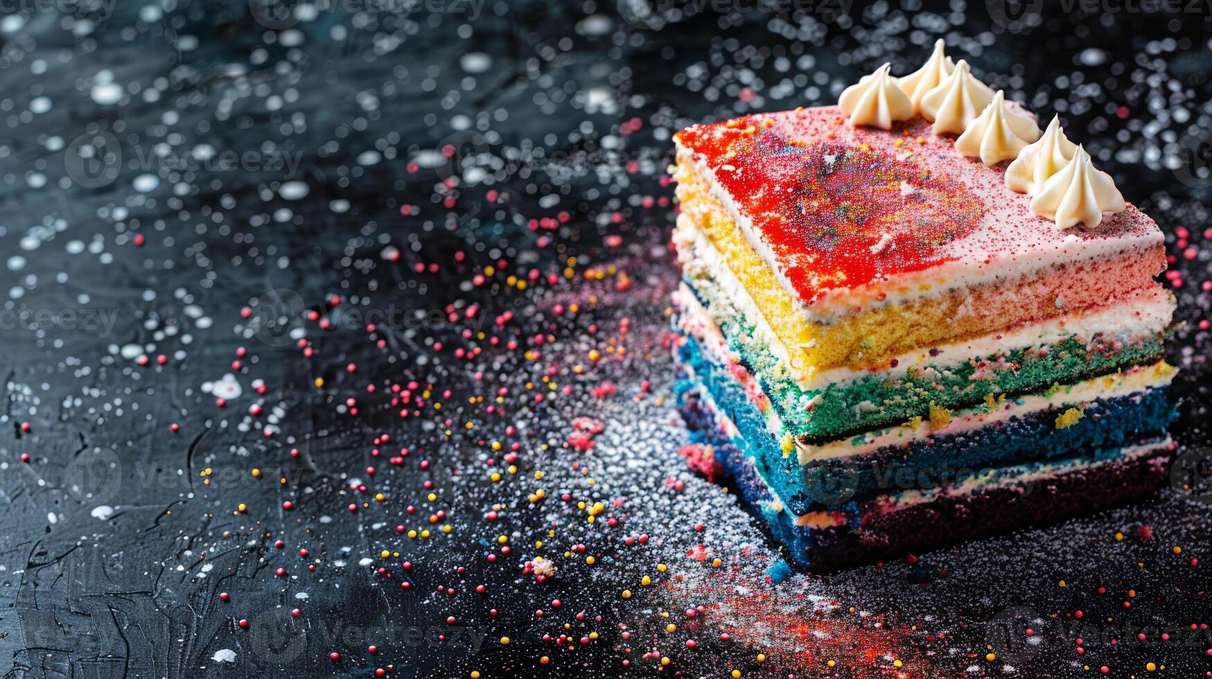 Vibrant rainbow cake with layers of brightly colored cake and vanilla frosting. photo
