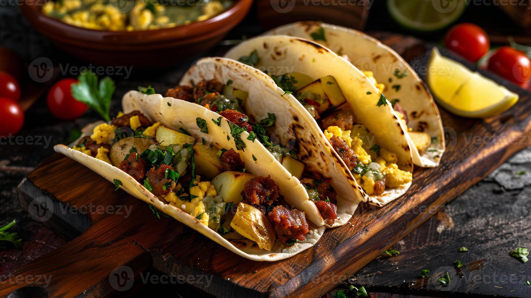 Breakfast tacos filled with scrambled eggs, chorizo, diced potatoes, and salsa verde. photo