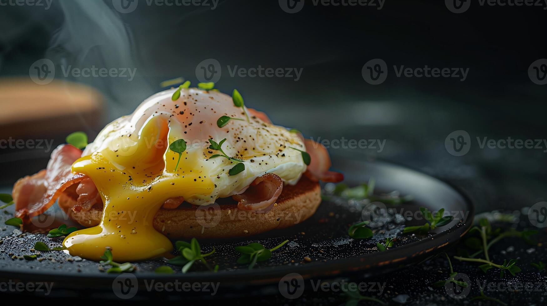 Classic eggs Benedict with poached eggs, Canadian bacon, and hollandaise sauce on an English muffin. photo