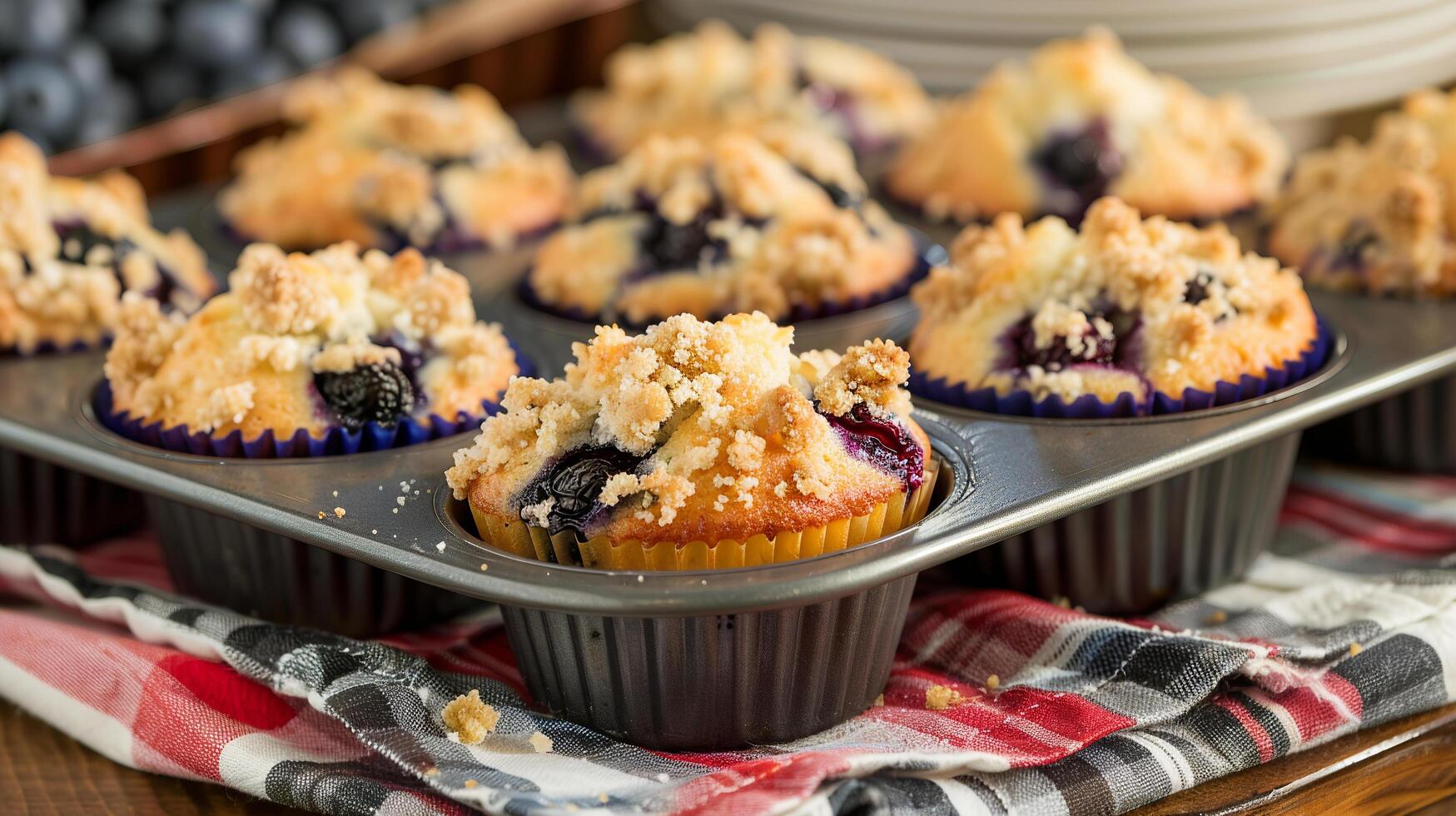 Classic blueberry muffins with a streusel topping, presented in a vintage muffin tin. photo