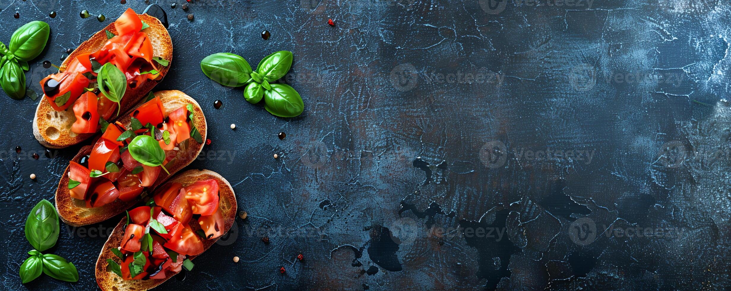 Classic bruschetta with diced tomatoes, garlic, basil, and balsamic glaze on toasted baguette slices. photo