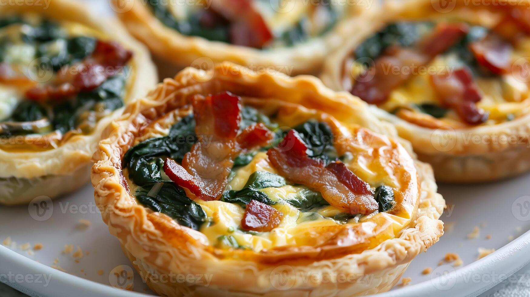 Mini quiches filled with spinach, bacon, and cheese, baked in a flaky pastry shell photo
