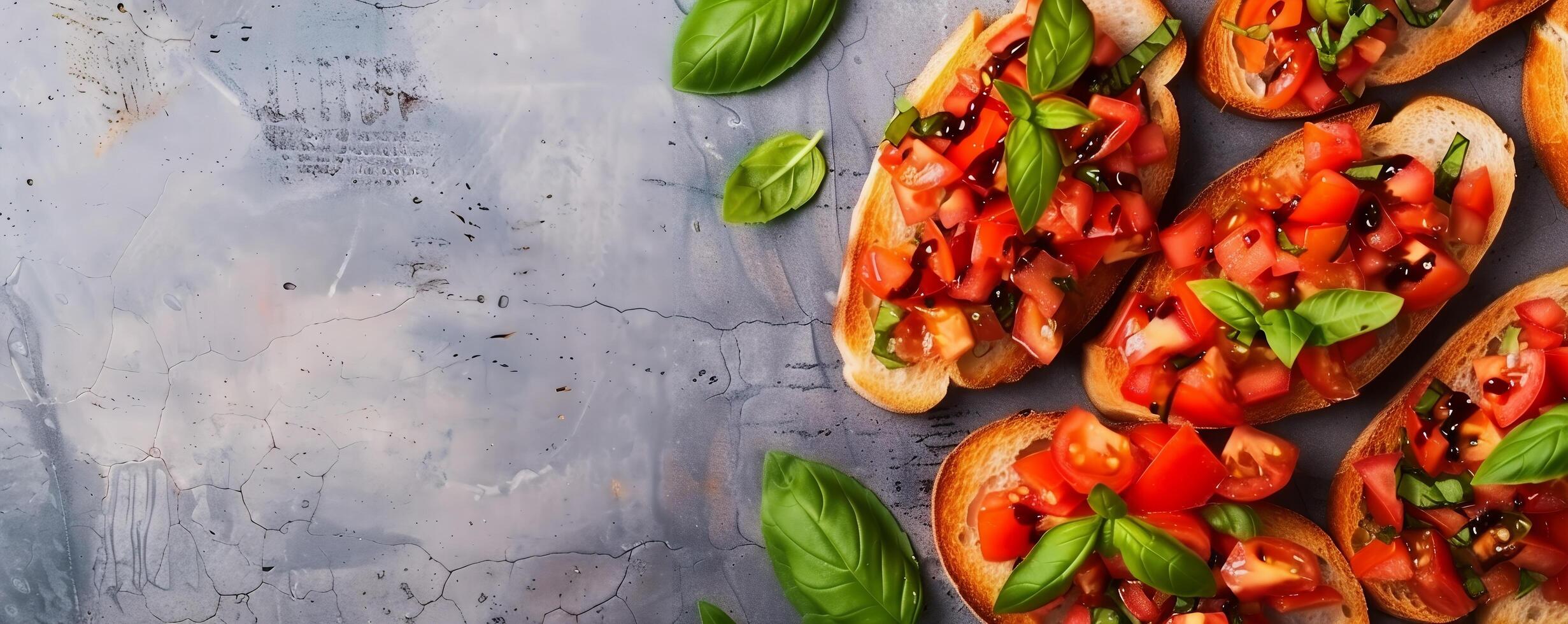 Classic bruschetta with diced tomatoes, garlic, basil, and balsamic glaze on toasted baguette slices. photo