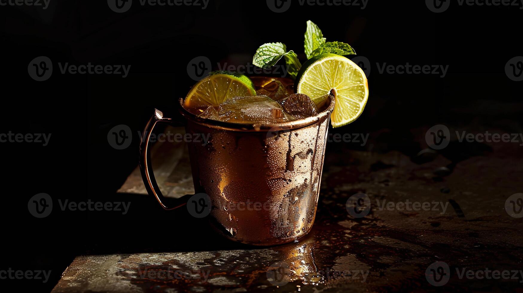 Spicy ginger beer served in a copper mug with a lime wedge and mint sprig. photo