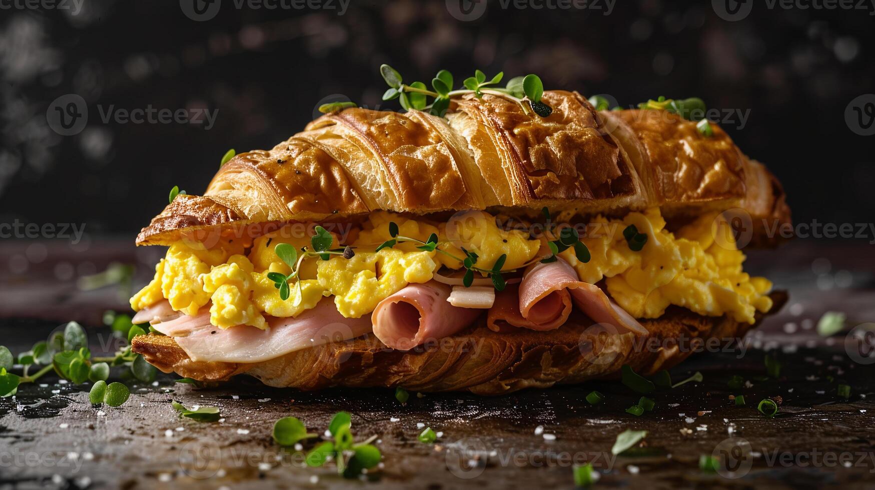 Croissant breakfast sandwich with scrambled eggs, ham, and Swiss cheese, served warm. photo