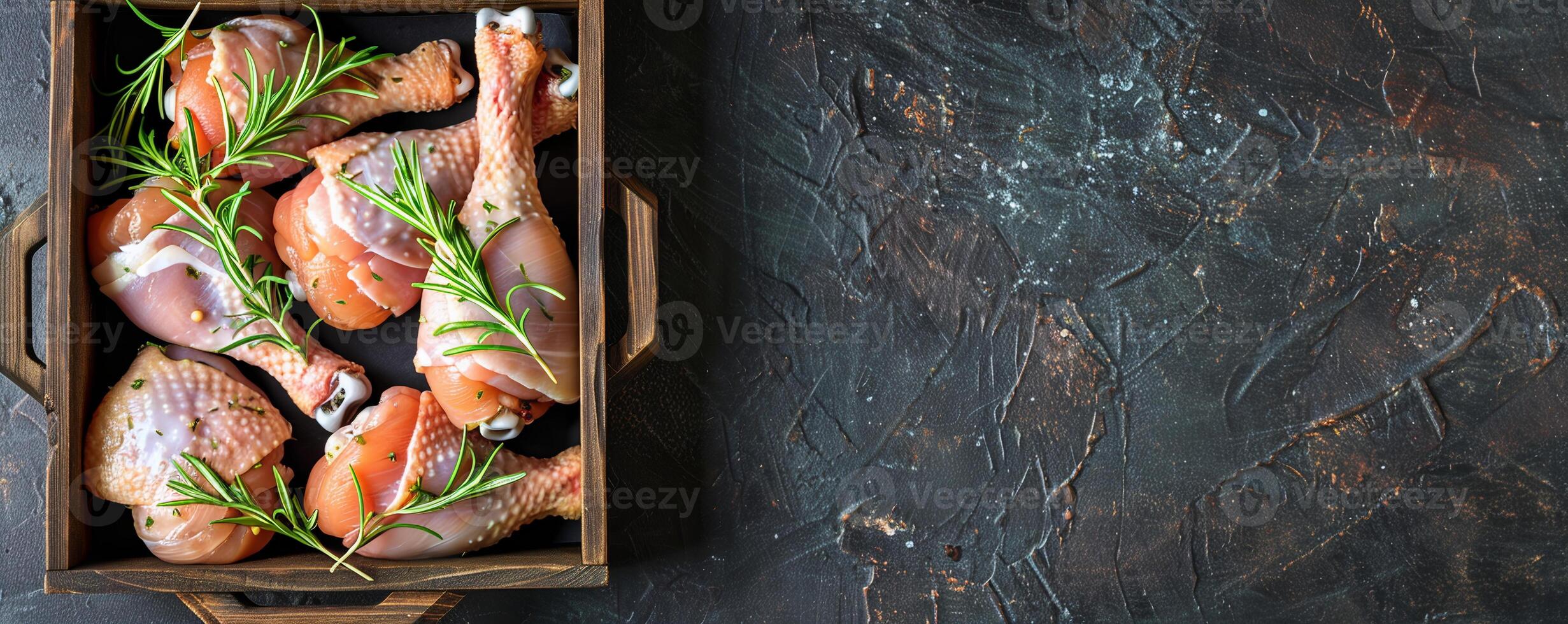Box of frozen chicken drumsticks with a variety of marinades for easy grilling. photo