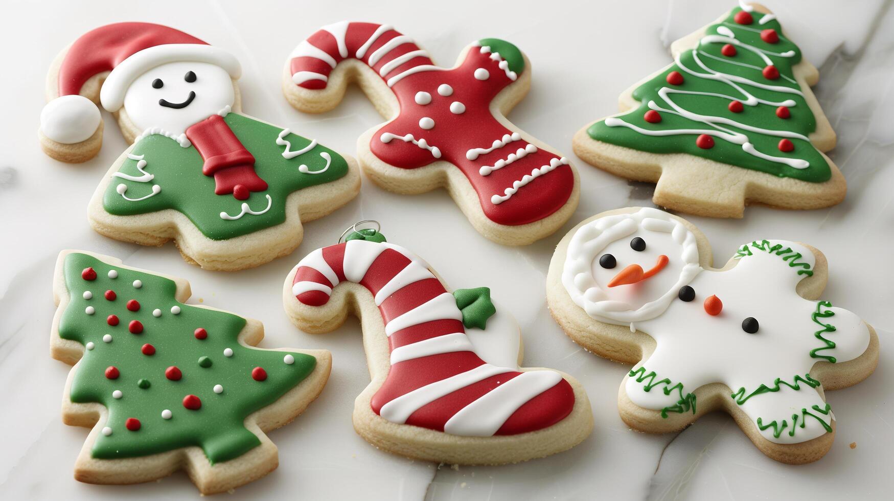 Festive holiday sugar cookies decorated with royal icing in various designs and colors. photo