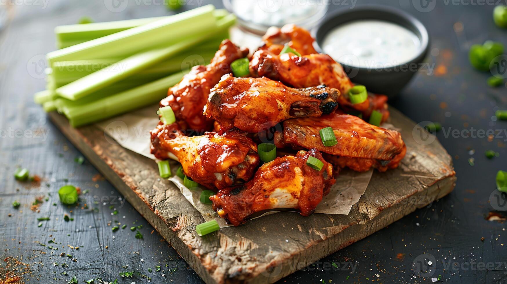 Spicy buffalo chicken wings with celery sticks and blue cheese dipping sauce. photo