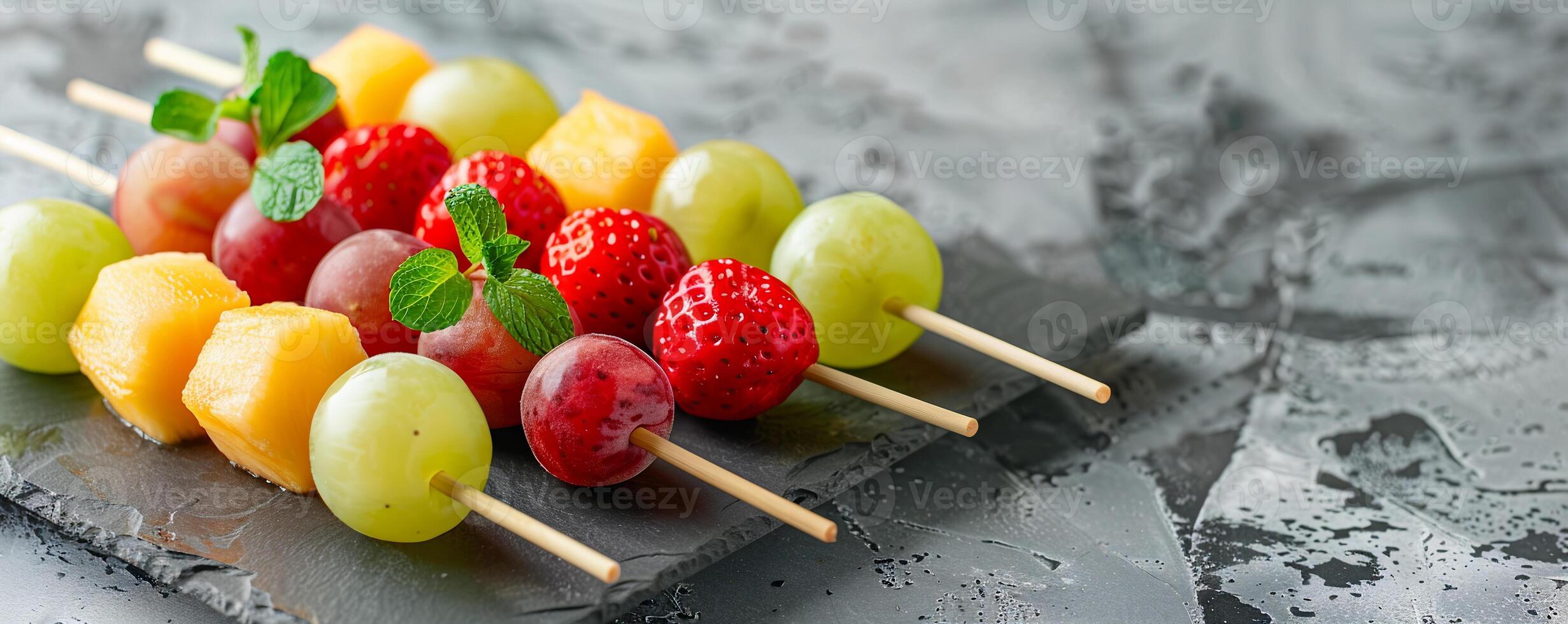 Colorful rainbow fruit skewers with strawberries, grapes, pineapple, and melon balls. photo