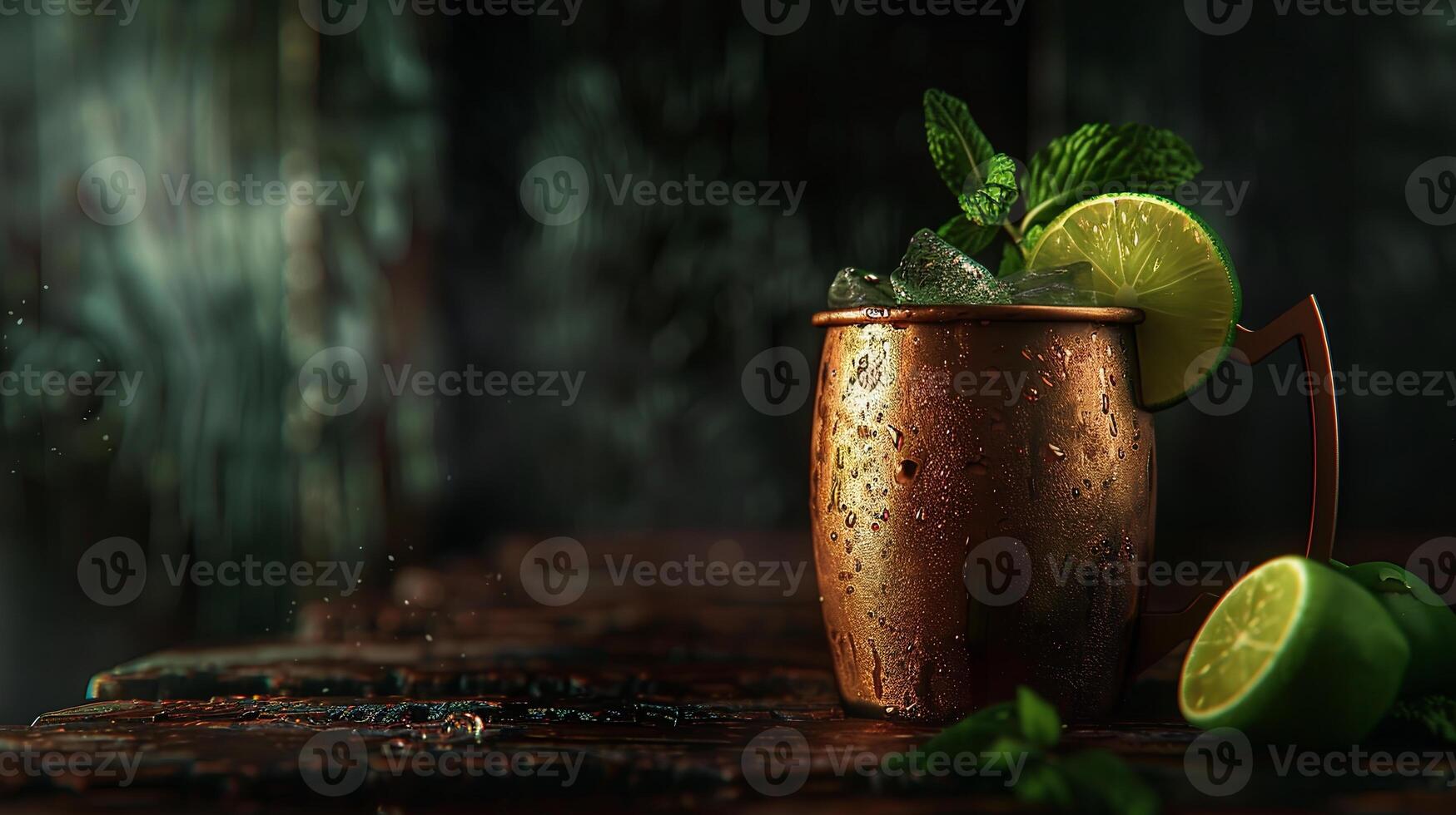 Spicy ginger beer served in a copper mug with a lime wedge and mint sprig. photo