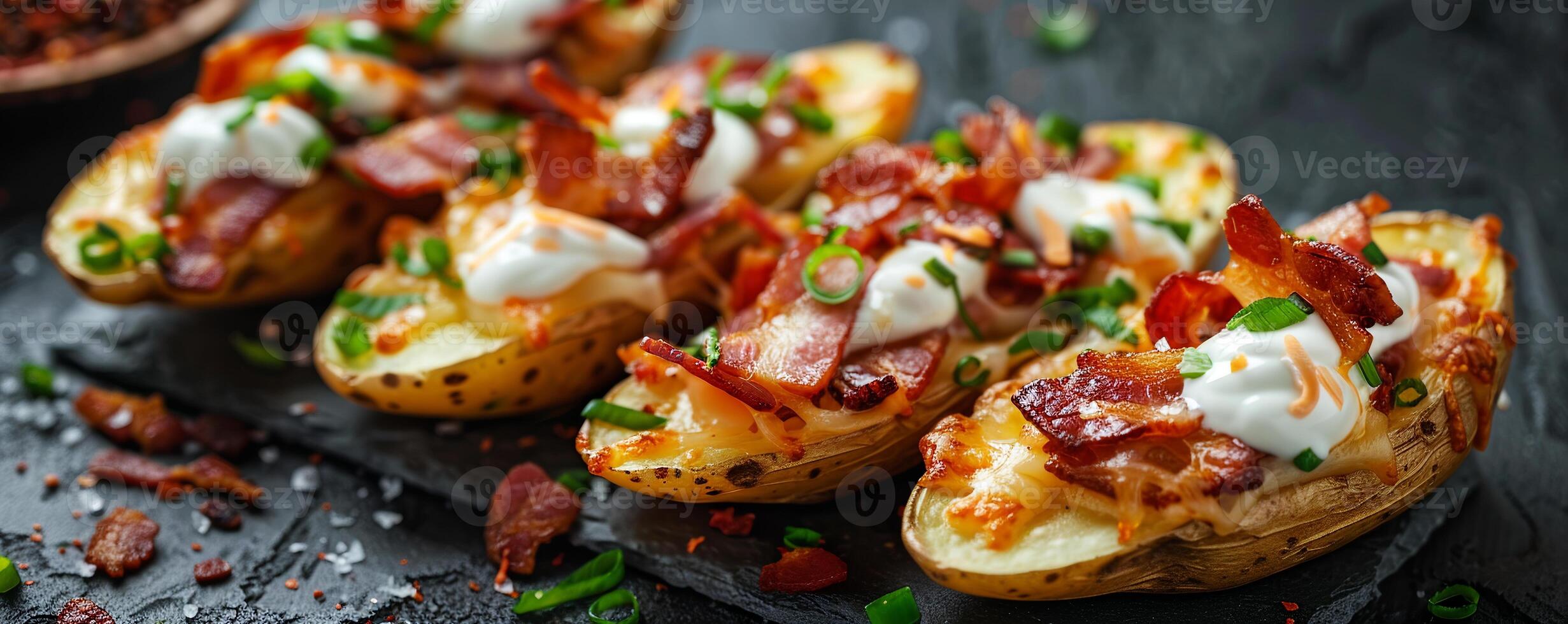 Classic pub-style potato skins loaded with cheese, bacon, and sour cream. photo
