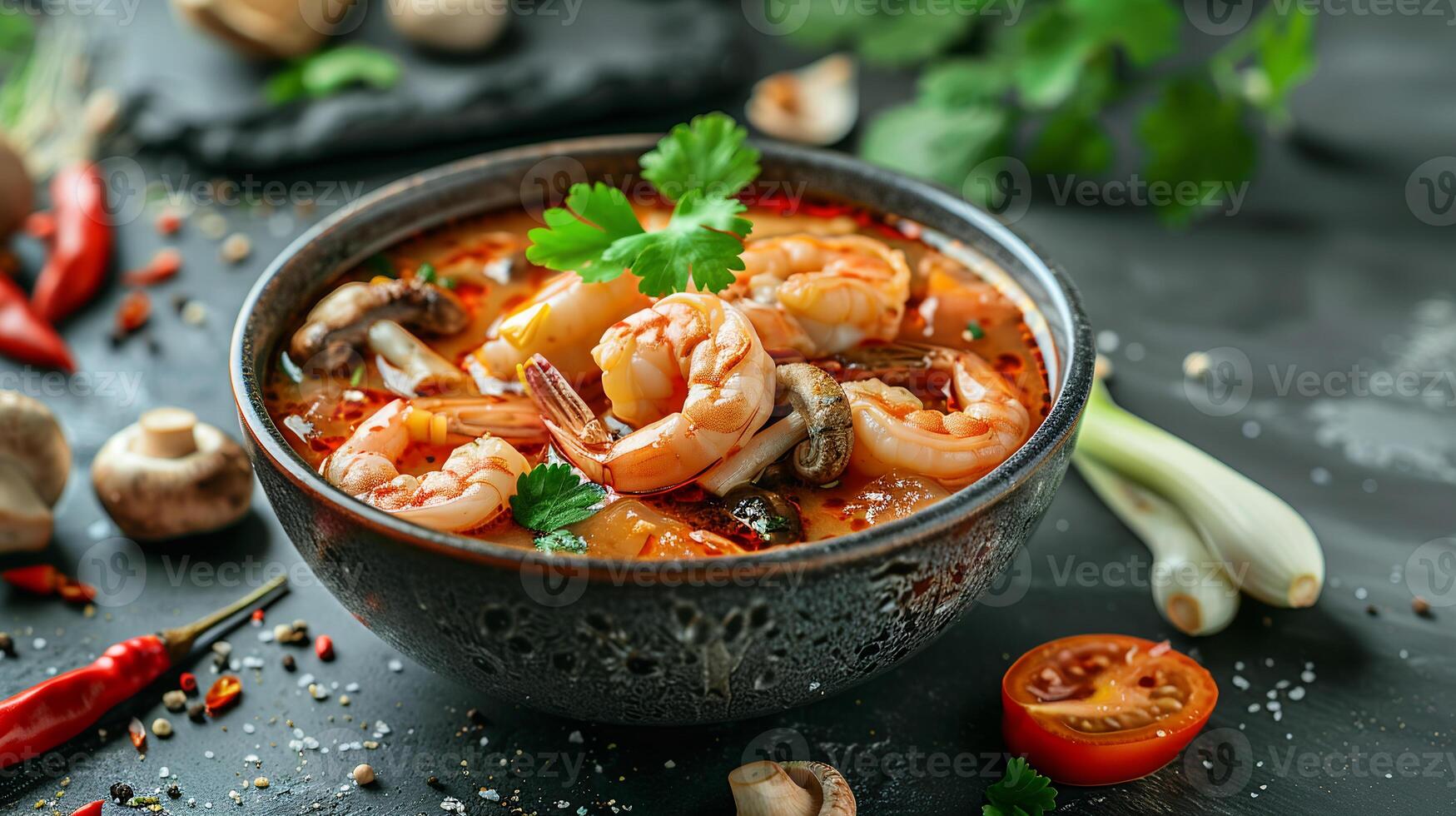 Thai tom yum soup with shrimp, lemongrass, galangal, and mushrooms in a bowl. photo