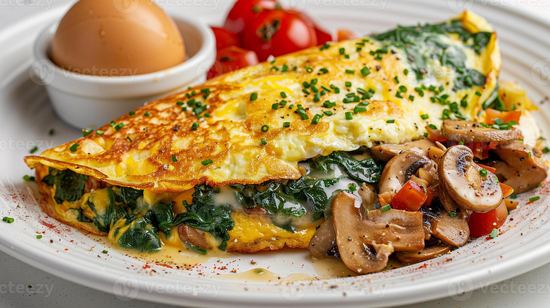 Omelette filled with sauteed mushrooms, spinach, and melted cheese, served with hash browns. photo