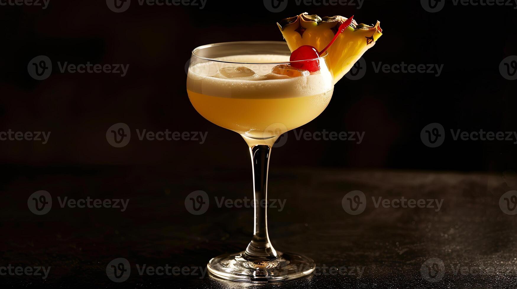 Tropical pina colada cocktail garnished with a pineapple wedge and maraschino cherry. photo