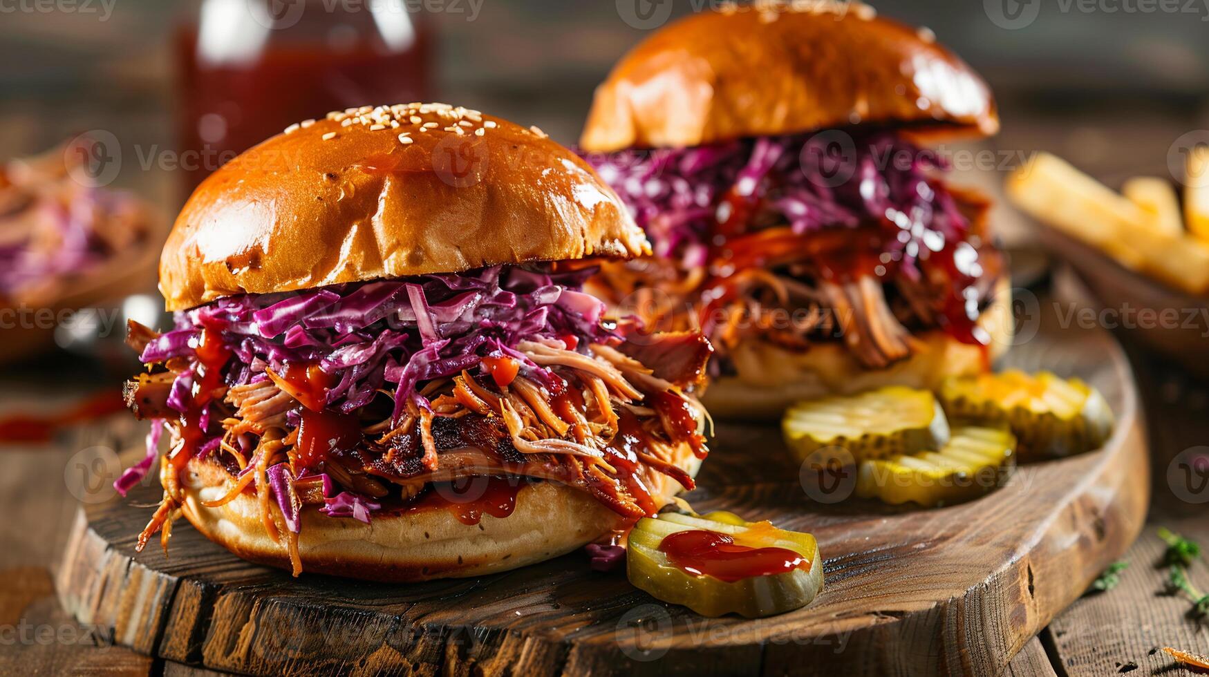 Tender BBQ pulled pork sandwiches with coleslaw on toasted brioche buns, served with pickles. photo