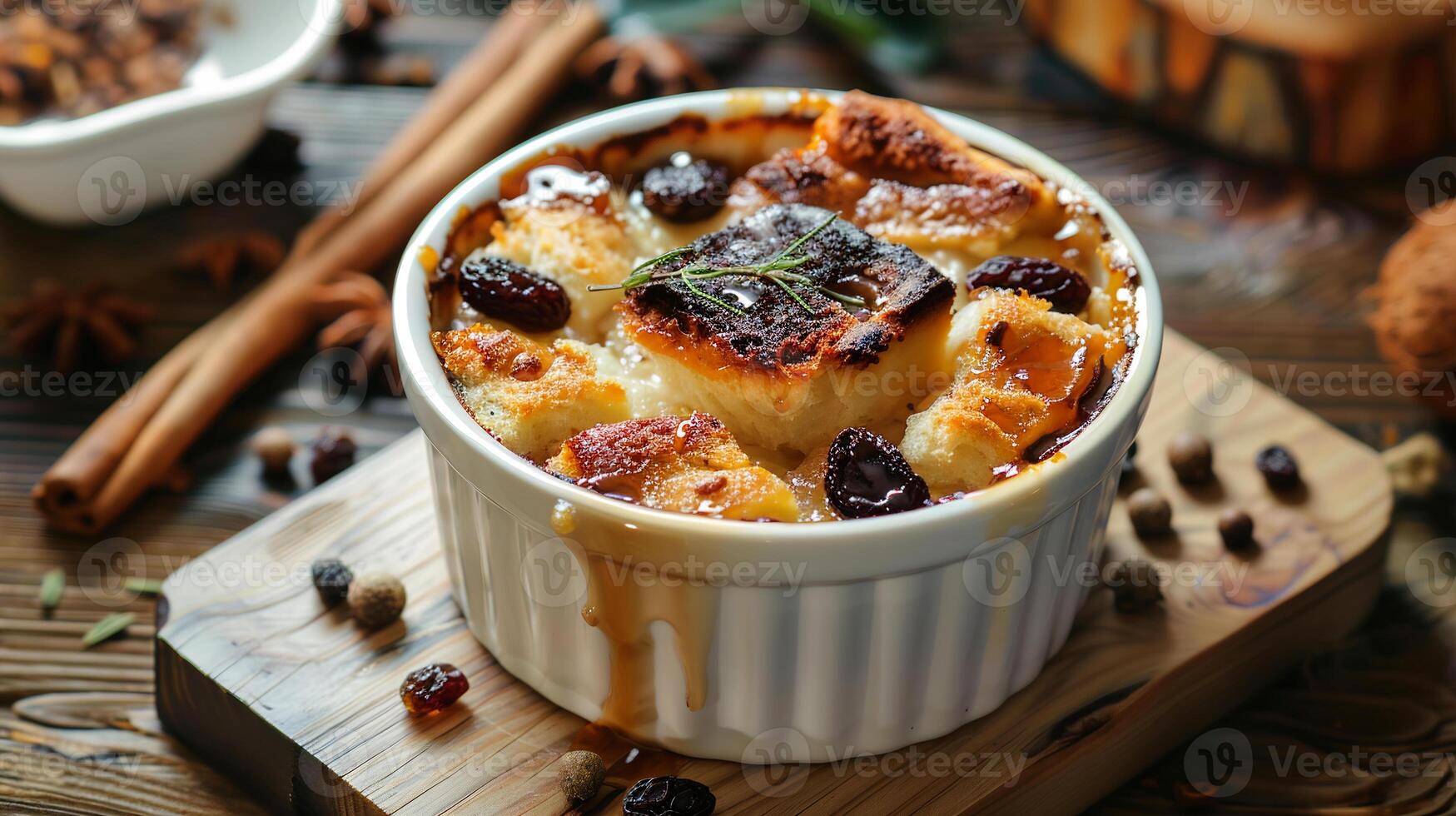 Warm bread pudding with raisins and a bourbon caramel sauce, served in a ramekin. photo