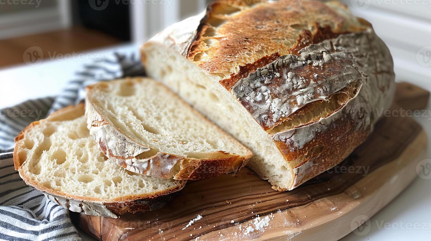 Rustic sourdough bread loaf with a crispy crust, sliced and displayed on a cutting board. photo