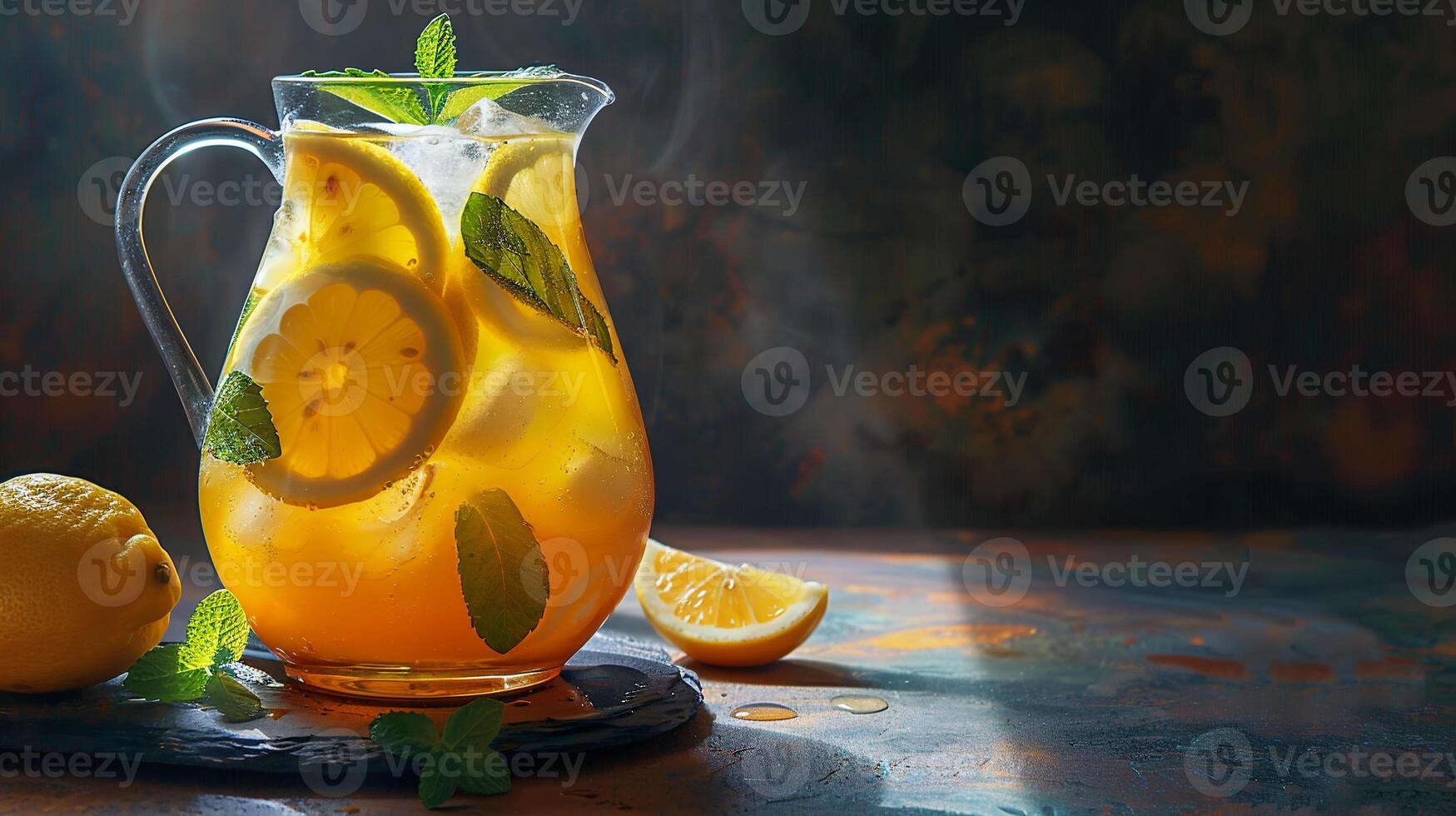 Tart and tangy lemonade with lemon slices and fresh mint sprigs in a pitcher. photo