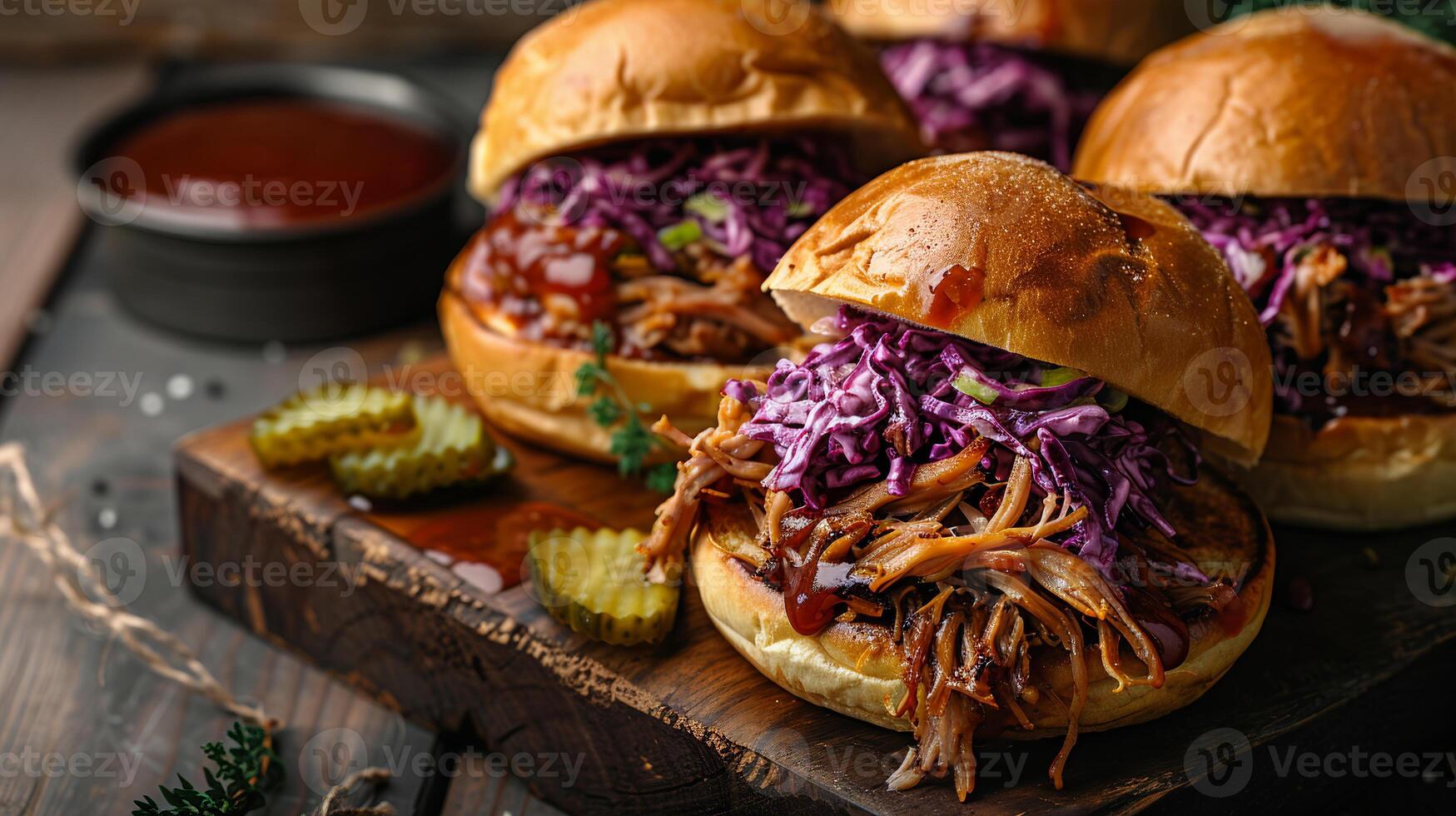 Tender BBQ pulled pork sandwiches with coleslaw on toasted brioche buns, served with pickles. photo