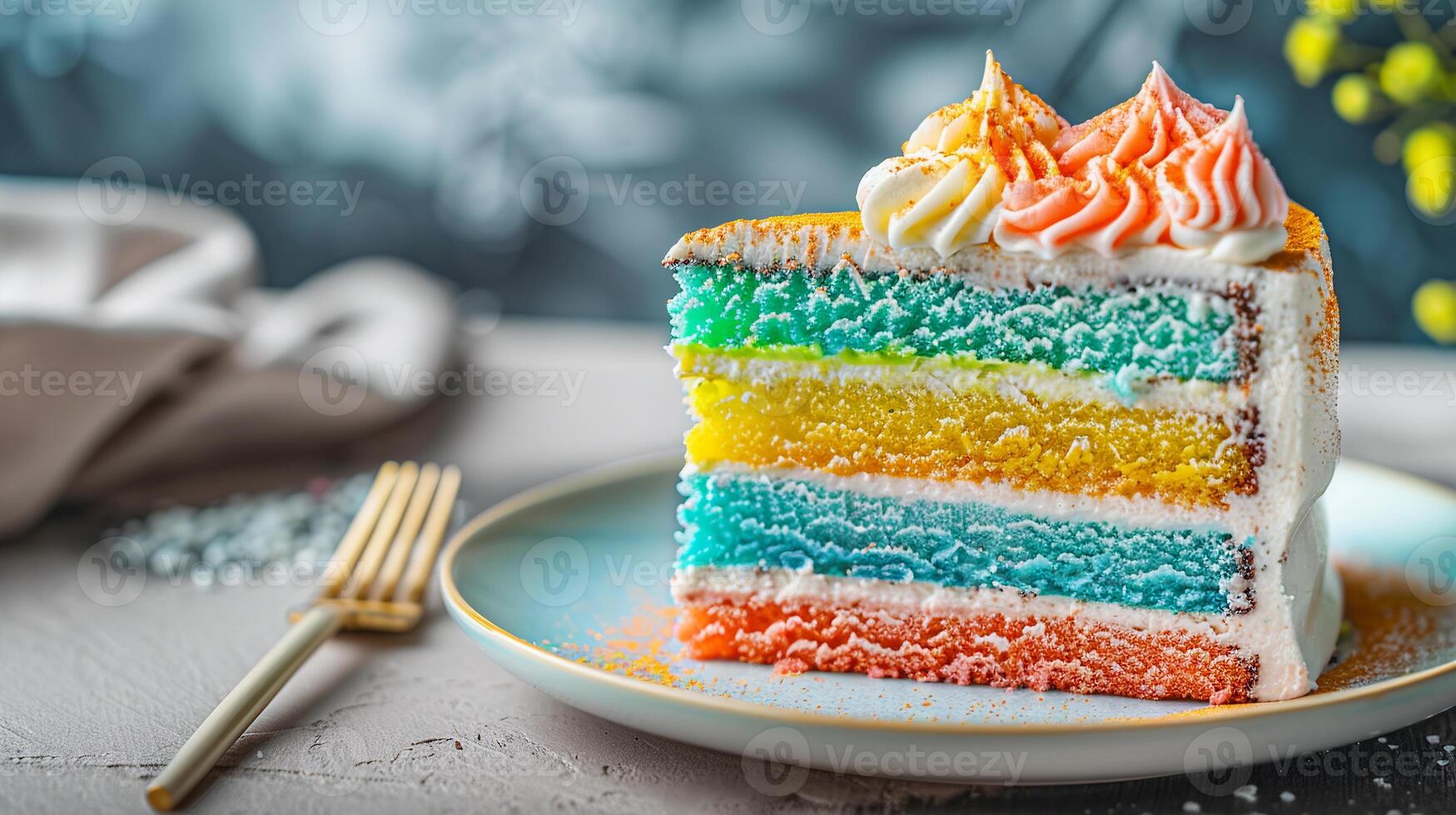 Vibrant rainbow cake with layers of brightly colored cake and vanilla frosting. photo