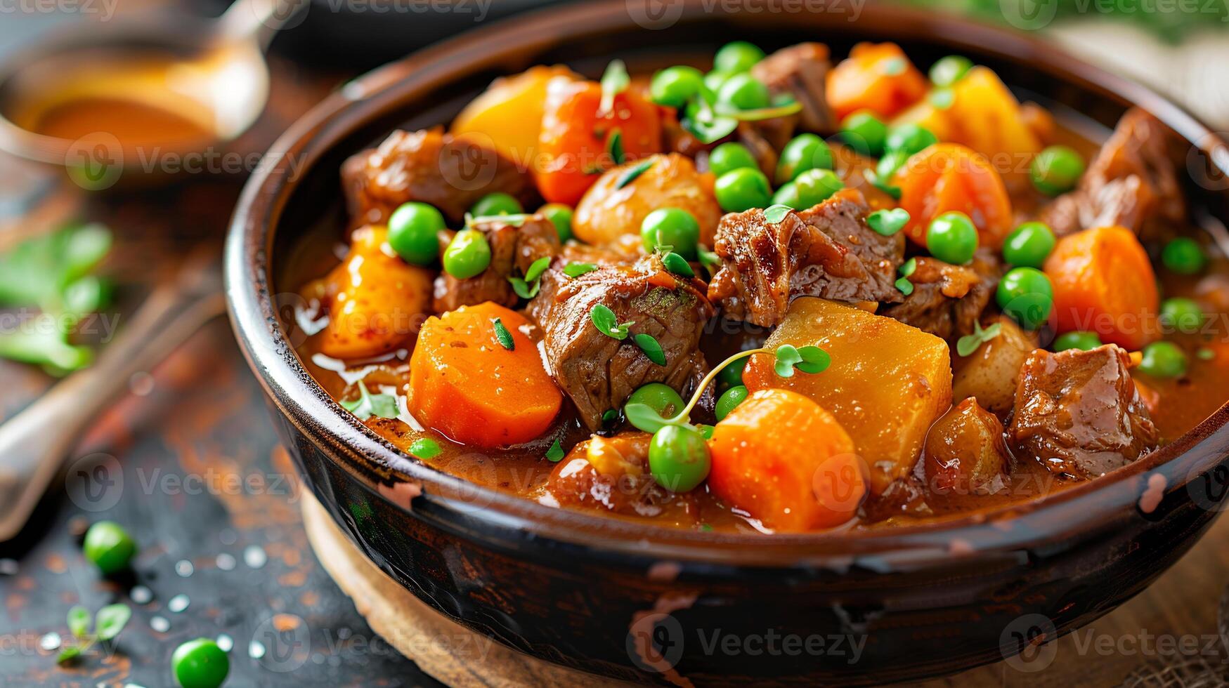 Tender beef stew with carrots, potatoes, and peas in a rich gravy, served in a bowl. photo
