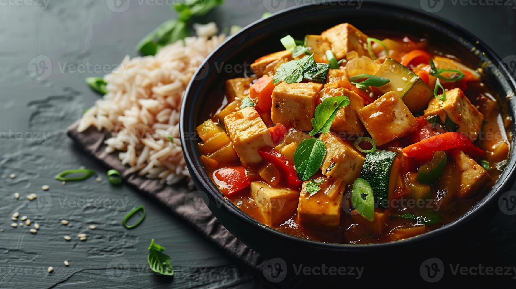 Tofu and vegetable curry with coconut milk, served over brown rice. photo