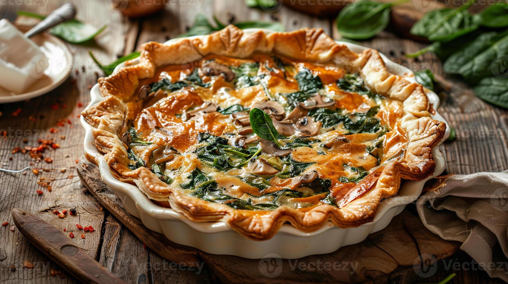 Spinach and mushroom quiche with a flaky pastry crust, served in a pie dish. photo