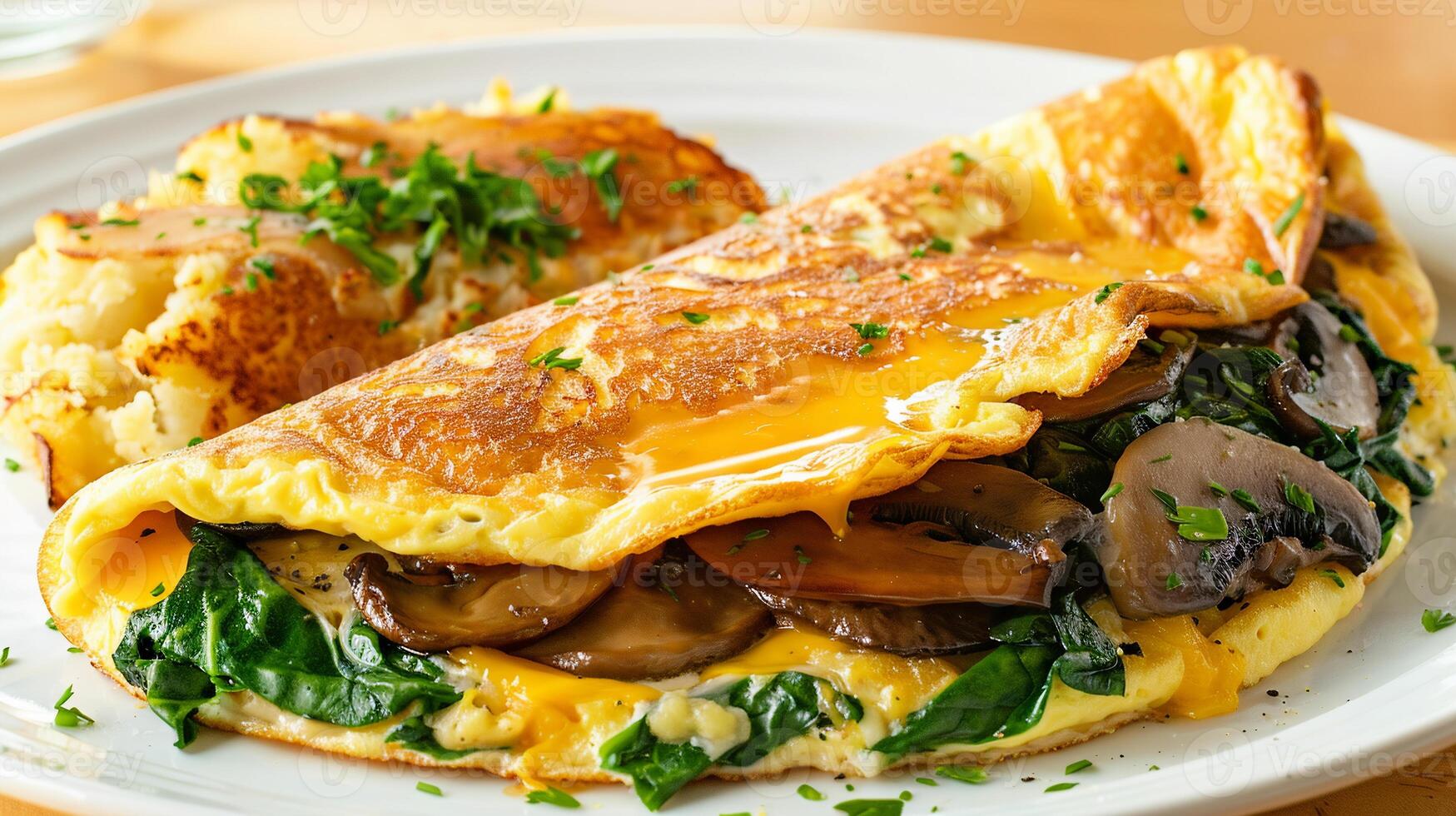 Omelette filled with sauteed mushrooms, spinach, and melted cheese, served with hash browns. photo