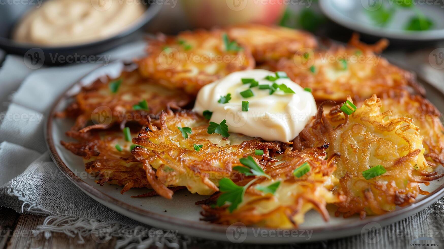 Traditional latkes served with sour cream and applesauce on a platter. photo