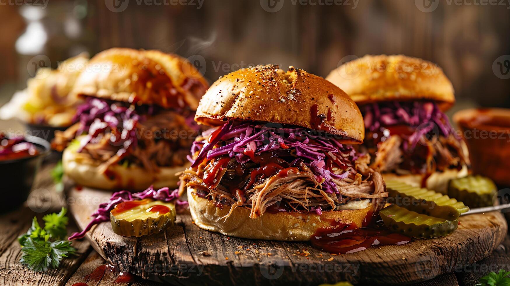 Tender BBQ pulled pork sandwiches with coleslaw on toasted brioche buns, served with pickles. photo