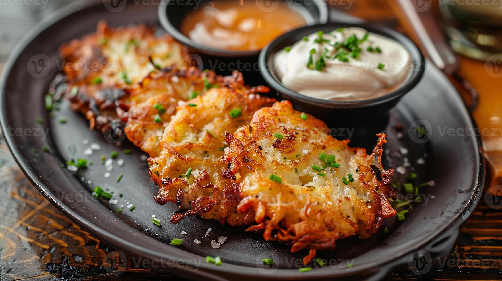Traditional latkes served with sour cream and applesauce on a platter. photo