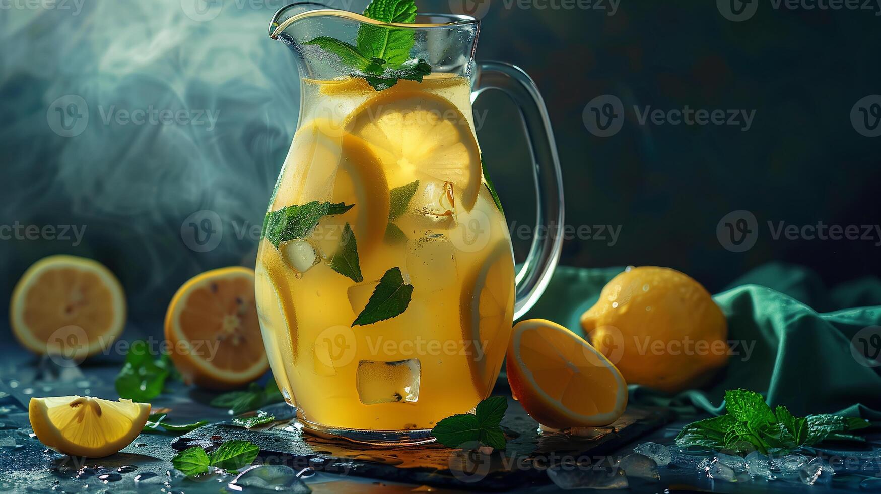 Tart and tangy lemonade with lemon slices and fresh mint sprigs in a pitcher. photo