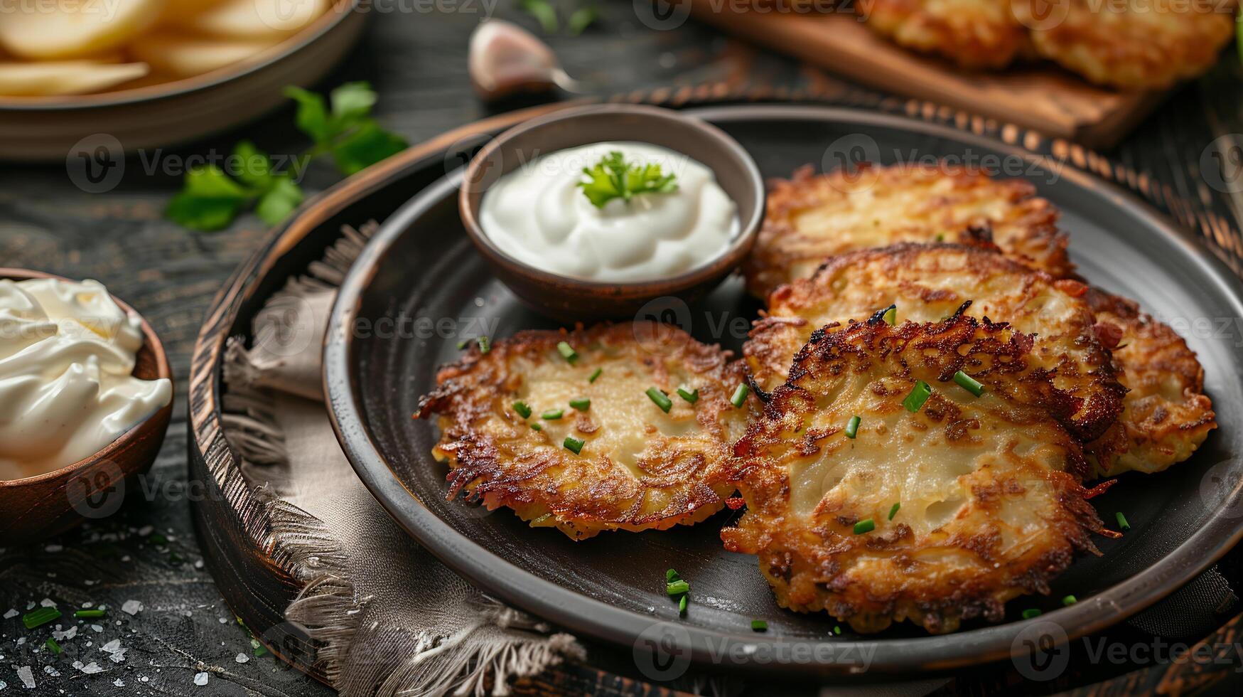 Traditional latkes served with sour cream and applesauce on a platter. photo