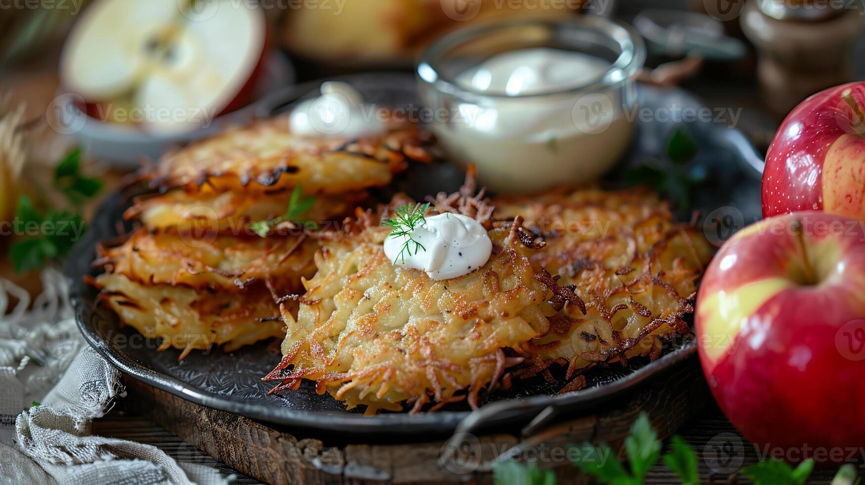 Traditional latkes served with sour cream and applesauce on a platter. photo