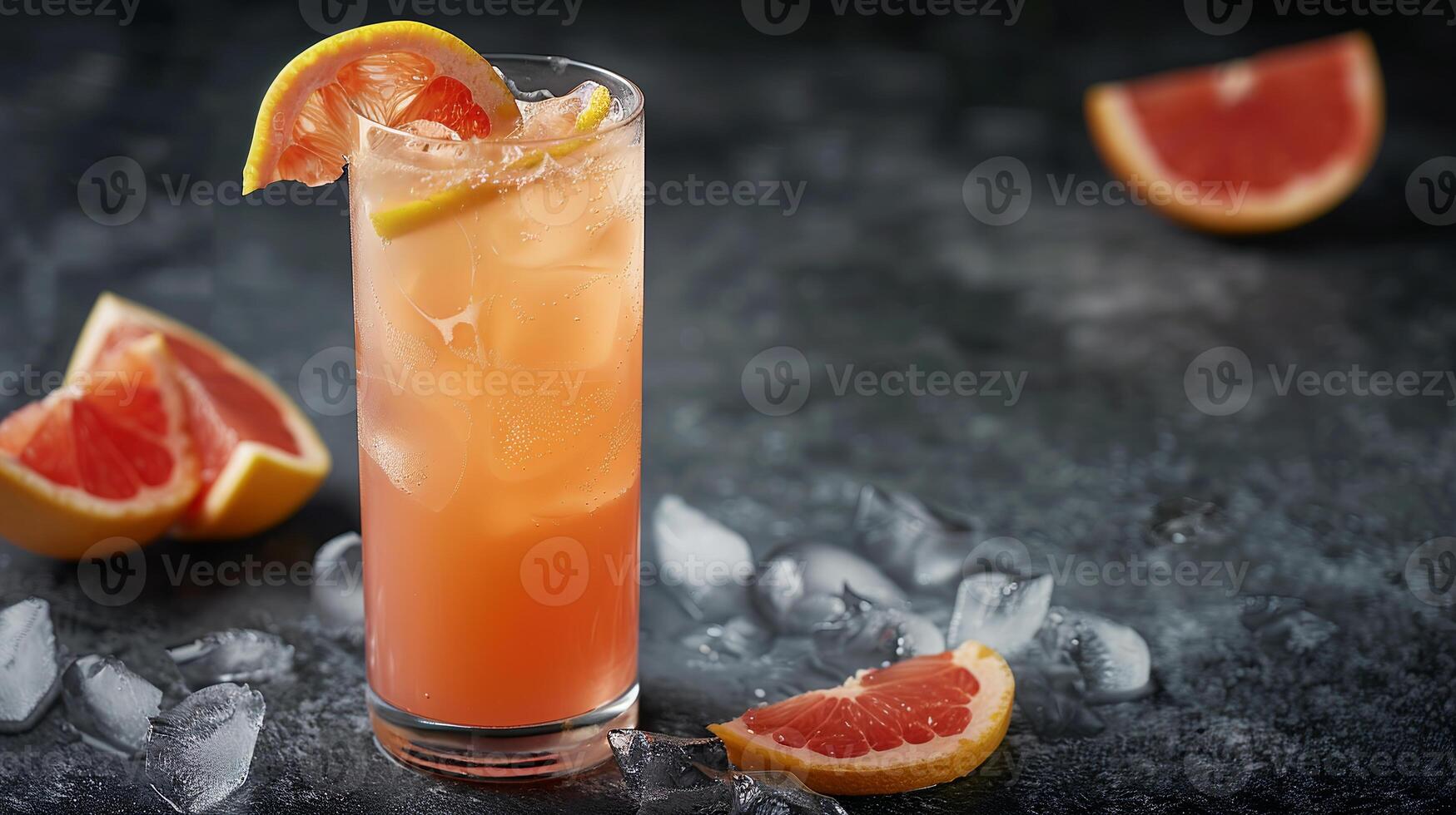 Tangy grapefruit juice served over ice in a highball glass with a grapefruit twist. photo