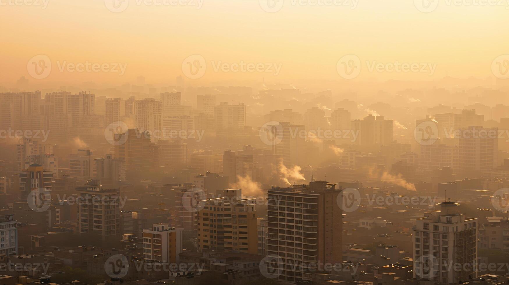 A cityscape shrouded in a yellowish-brown haze of air pollution, highlighting the health risks associated with poor air quality. Air pollution bad ecology photo