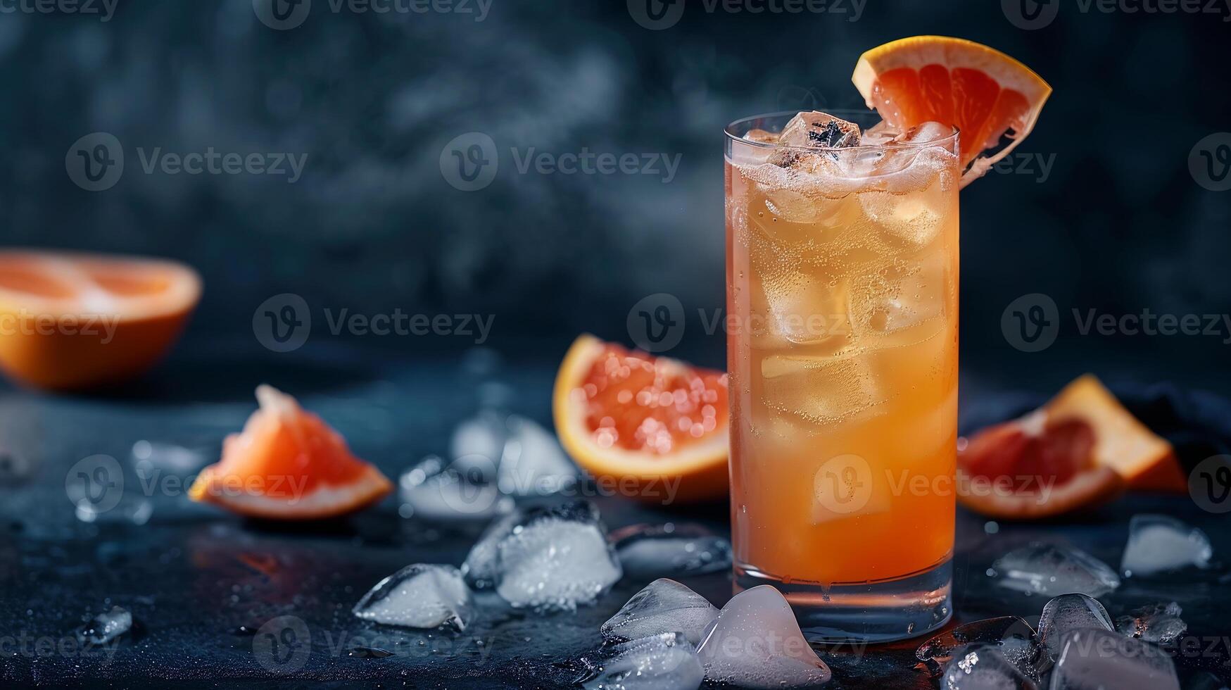 Tangy grapefruit juice served over ice in a highball glass with a grapefruit twist. photo