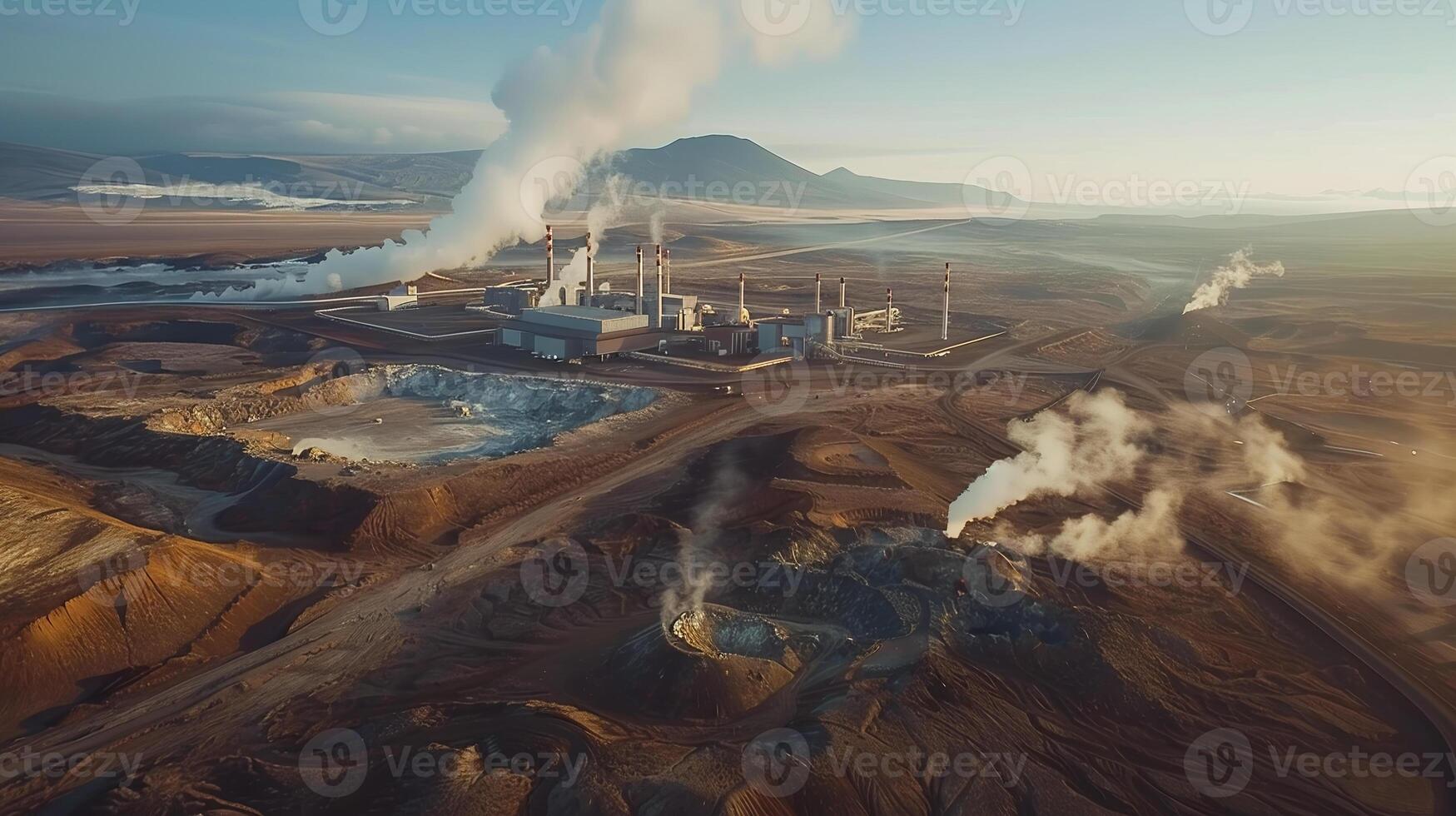 A cluster of geothermal power plants nestled among volcanic landscapes, tapping into Earth's natural heat to produce renewable geothermal energy. Renewable energy sources photo