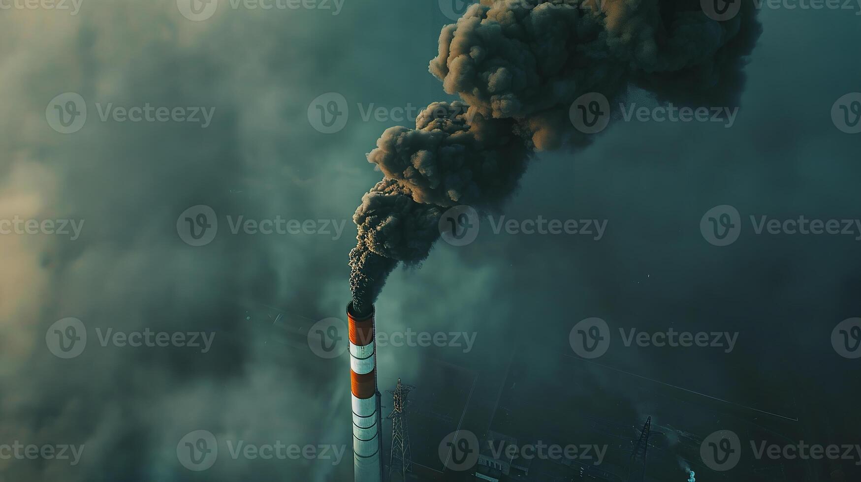 A close-up view of a factory chimney emitting black smoke and particulate matter, representing the emissions of harmful pollutants into the atmosphere. Air pollution bad ecology photo