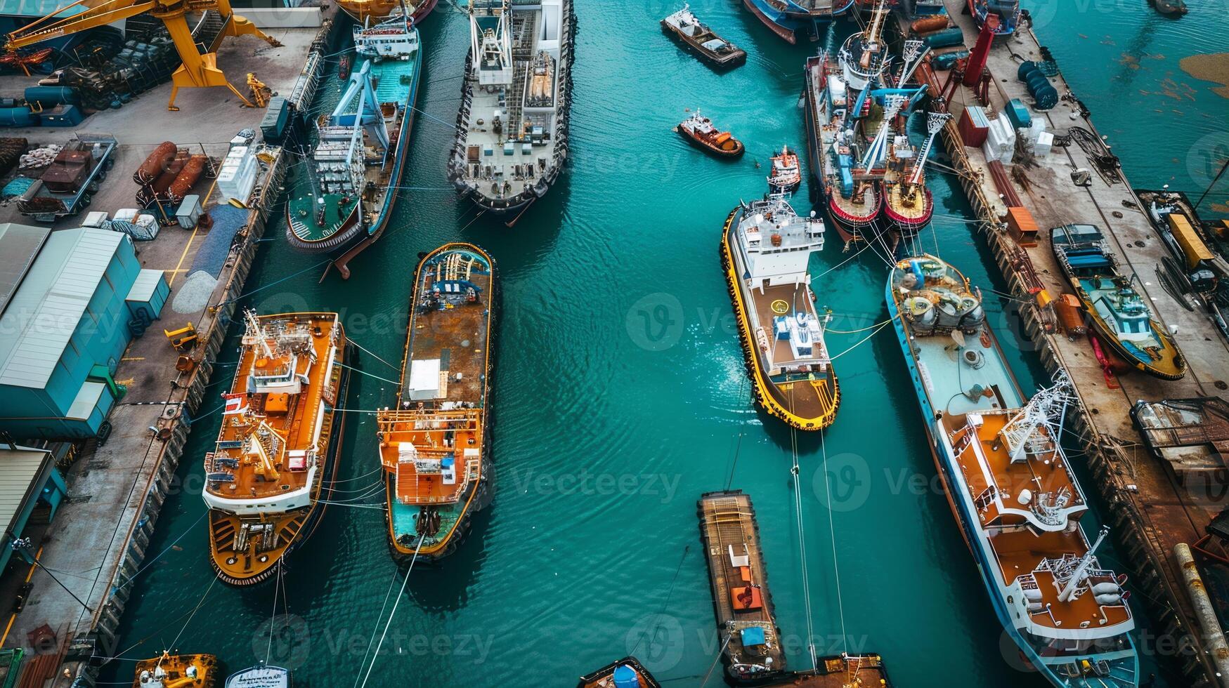 A bustling harbor filled with boats and ships docked at piers equipped with tidal turbines, harnessing the power of ocean tides for renewable energy production. Renewable energy sources photo