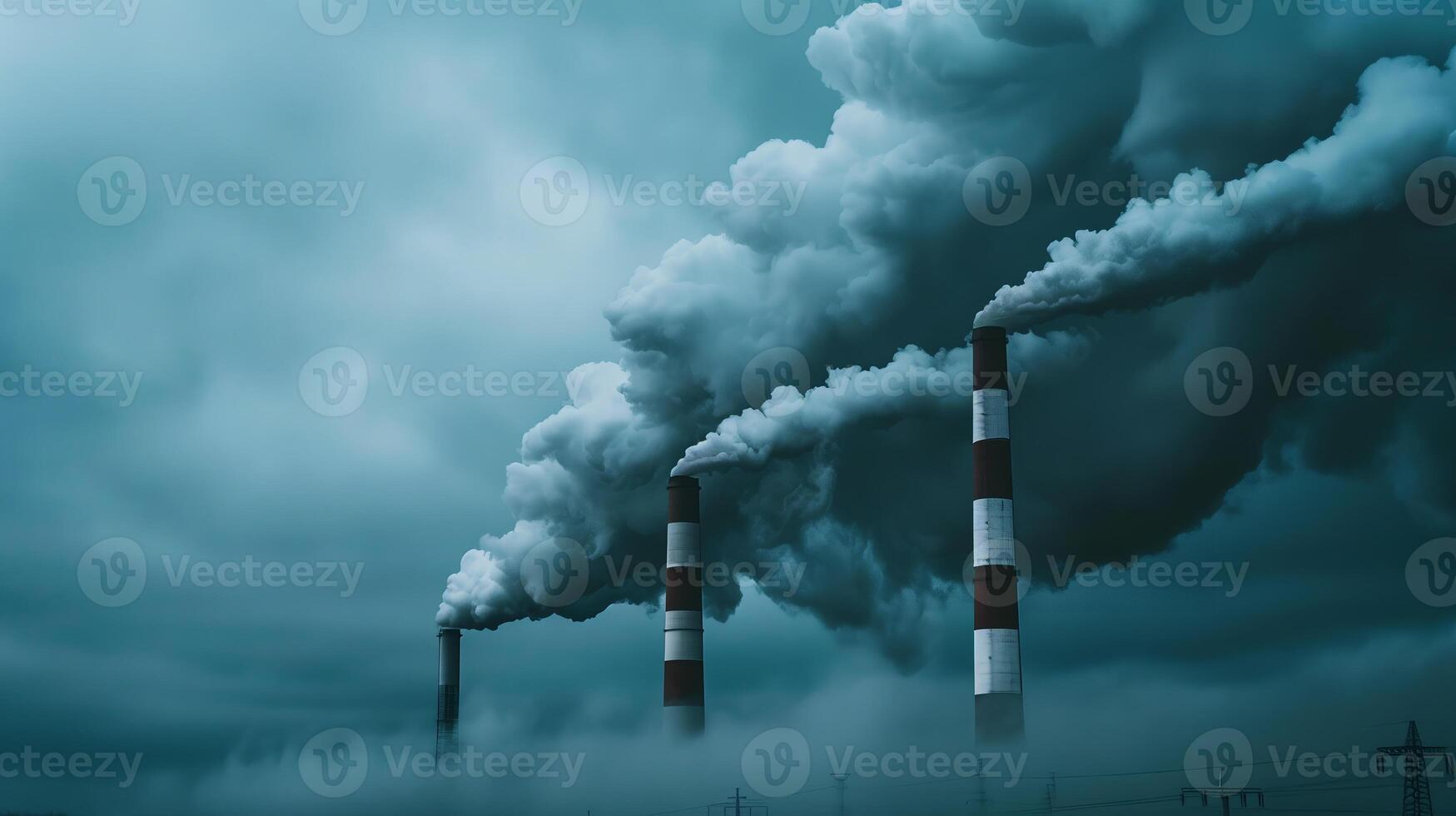 A coal-fired power plant emitting thick plumes of smoke and greenhouse gases, representing the contribution of fossil fuel combustion to global warming. Climate change photo