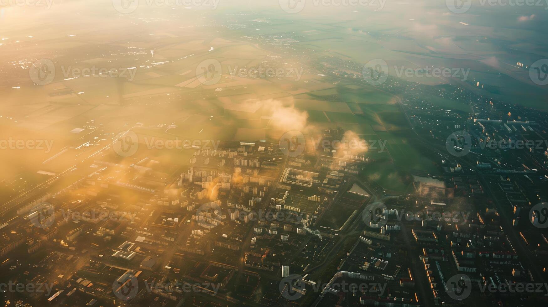A bird's-eye view of a city with air pollution dispersing into surrounding rural areas, demonstrating the long-range transport of pollutants beyond urban centers. Air pollution bad ecology photo