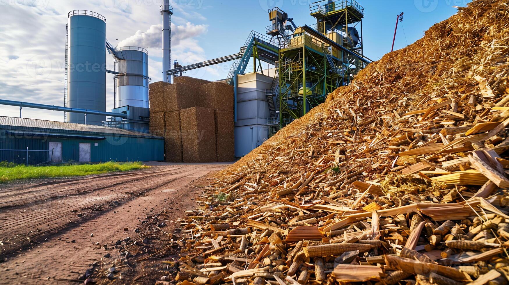 A biomass power plant surrounded by stacks of wood chips and other organic materials, utilizing biomass energy to produce sustainable electricity. Renewable energy sources photo