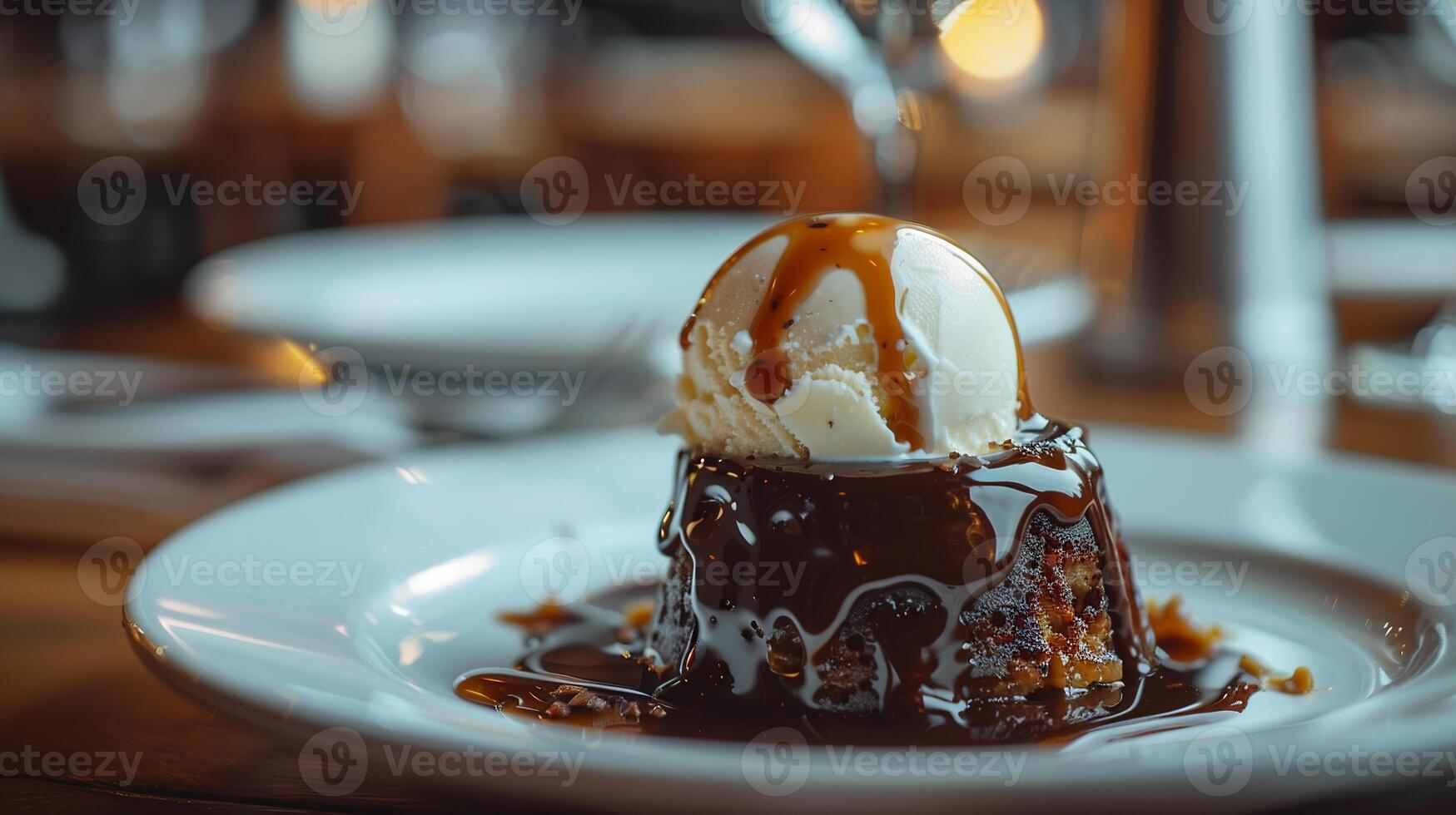 Sticky toffee pudding topped with warm toffee sauce and a scoop of vanilla ice cream. photo