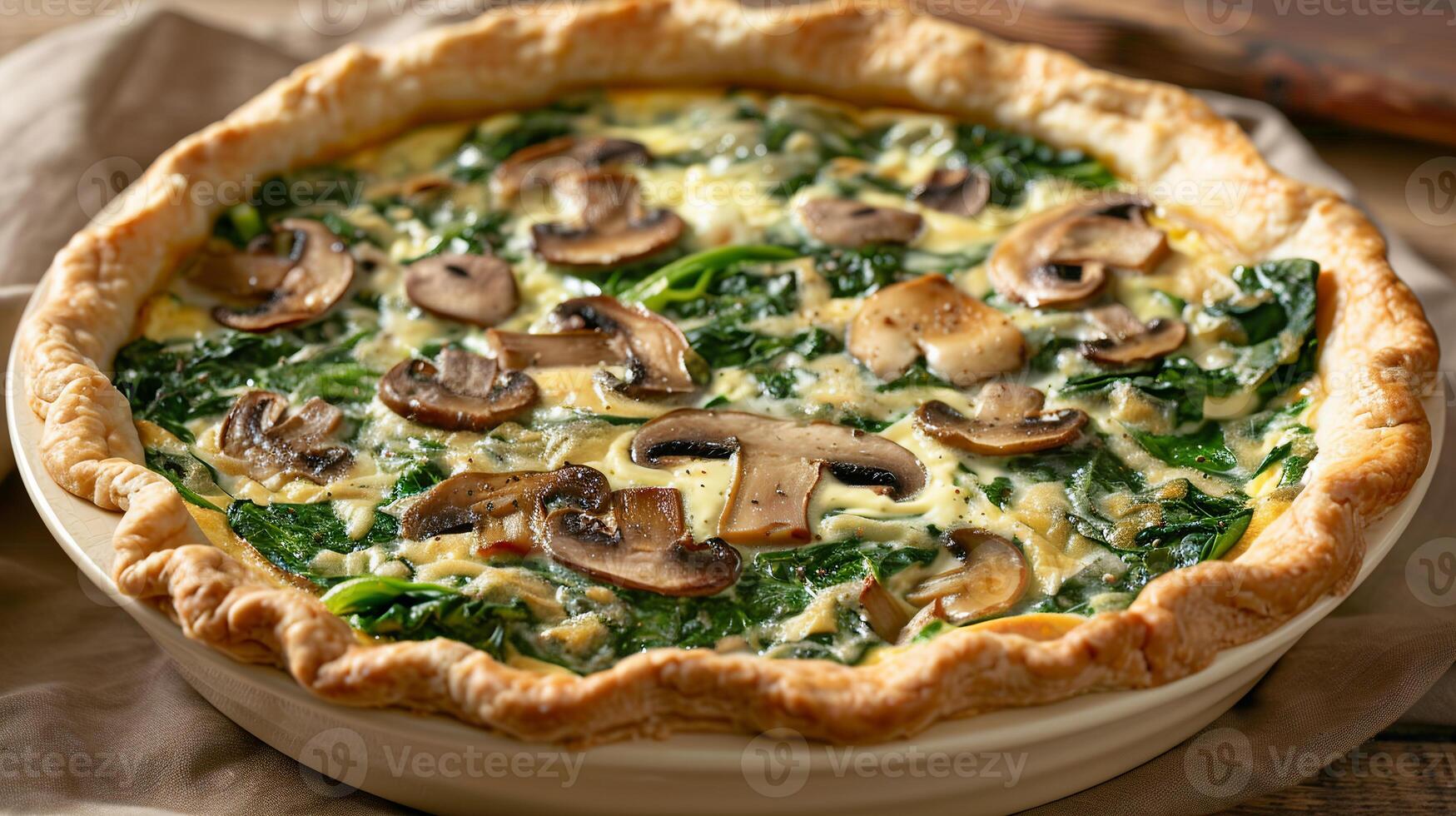 Spinach and mushroom quiche with a flaky pastry crust, served in a pie dish. photo