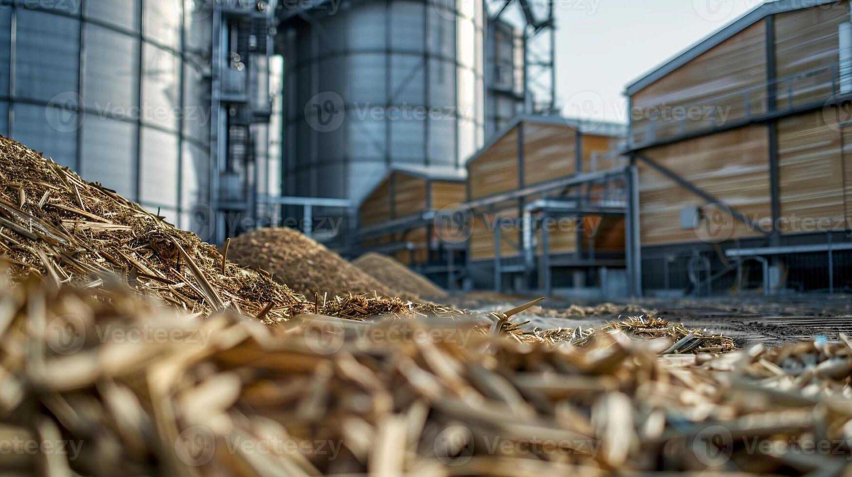 A close-up view of a bioenergy facility with large silos storing biomass feedstock, such as agricultural residues and organic waste, for conversion into renewable energy. Renewable energy sources photo