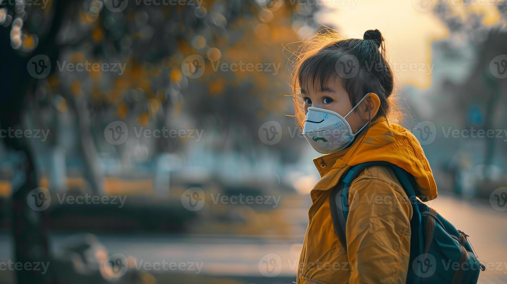 A child wearing a mask while playing outdoors in a polluted urban park, symbolizing the need to protect vulnerable populations from harmful air pollutants. Air pollution bad ecology photo